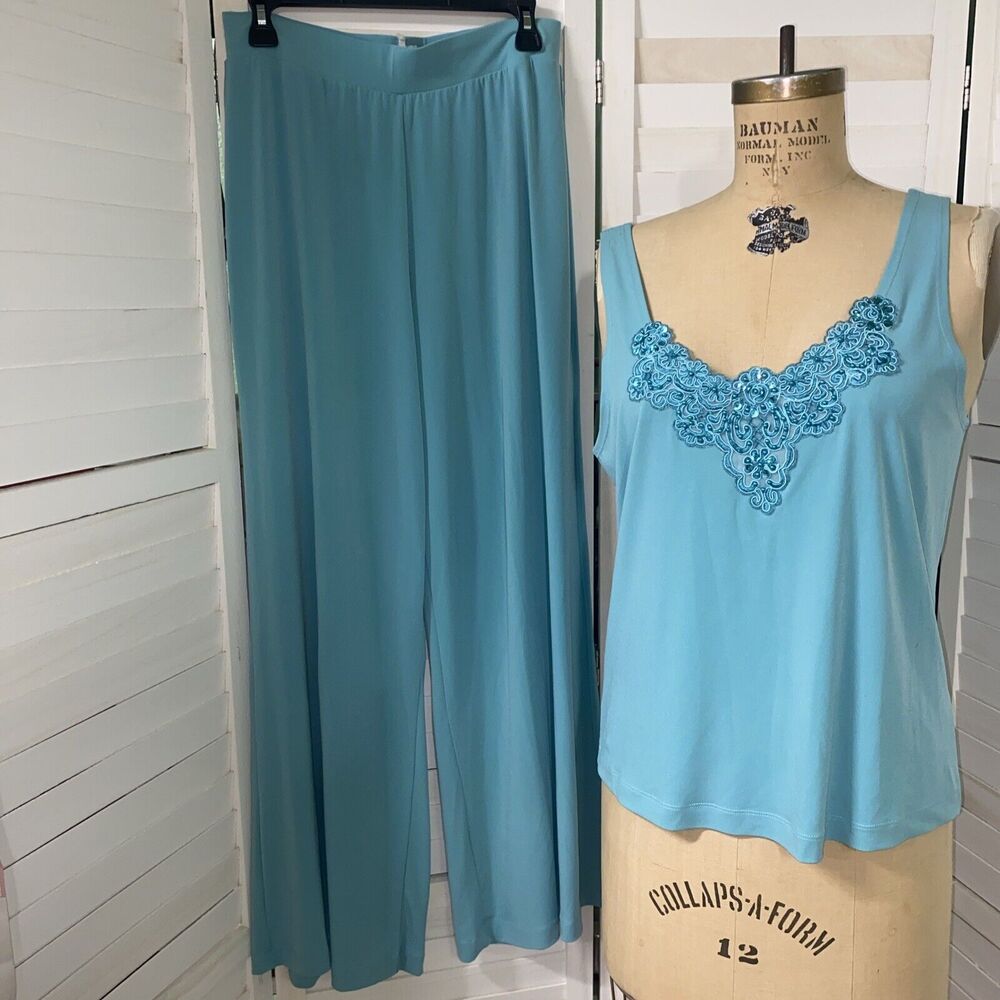 Vintage Susan Lucci Aqua Green Tank Top Pull On Pants Set Poly Knit Suit Sz Med
